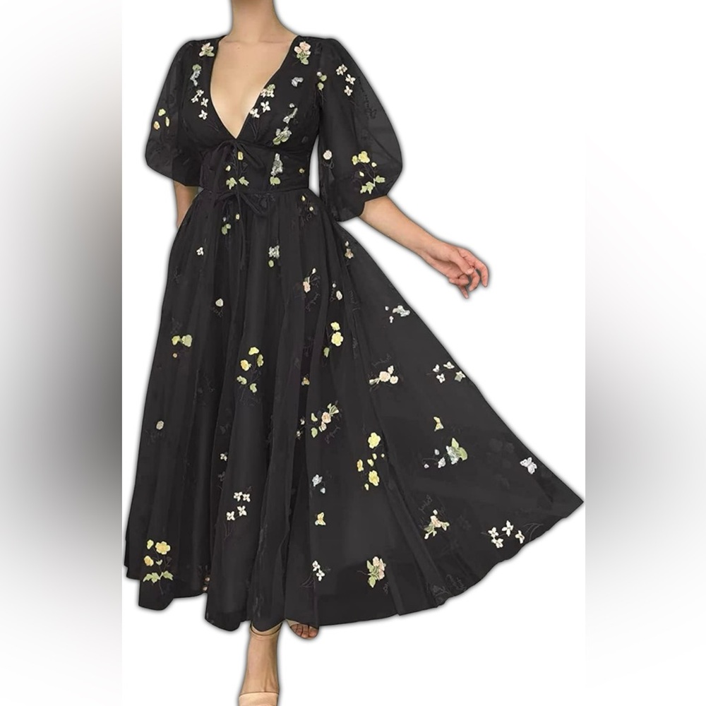 Corset back puff sleeve v-neck tulle tea dress with flower embroidery NTW